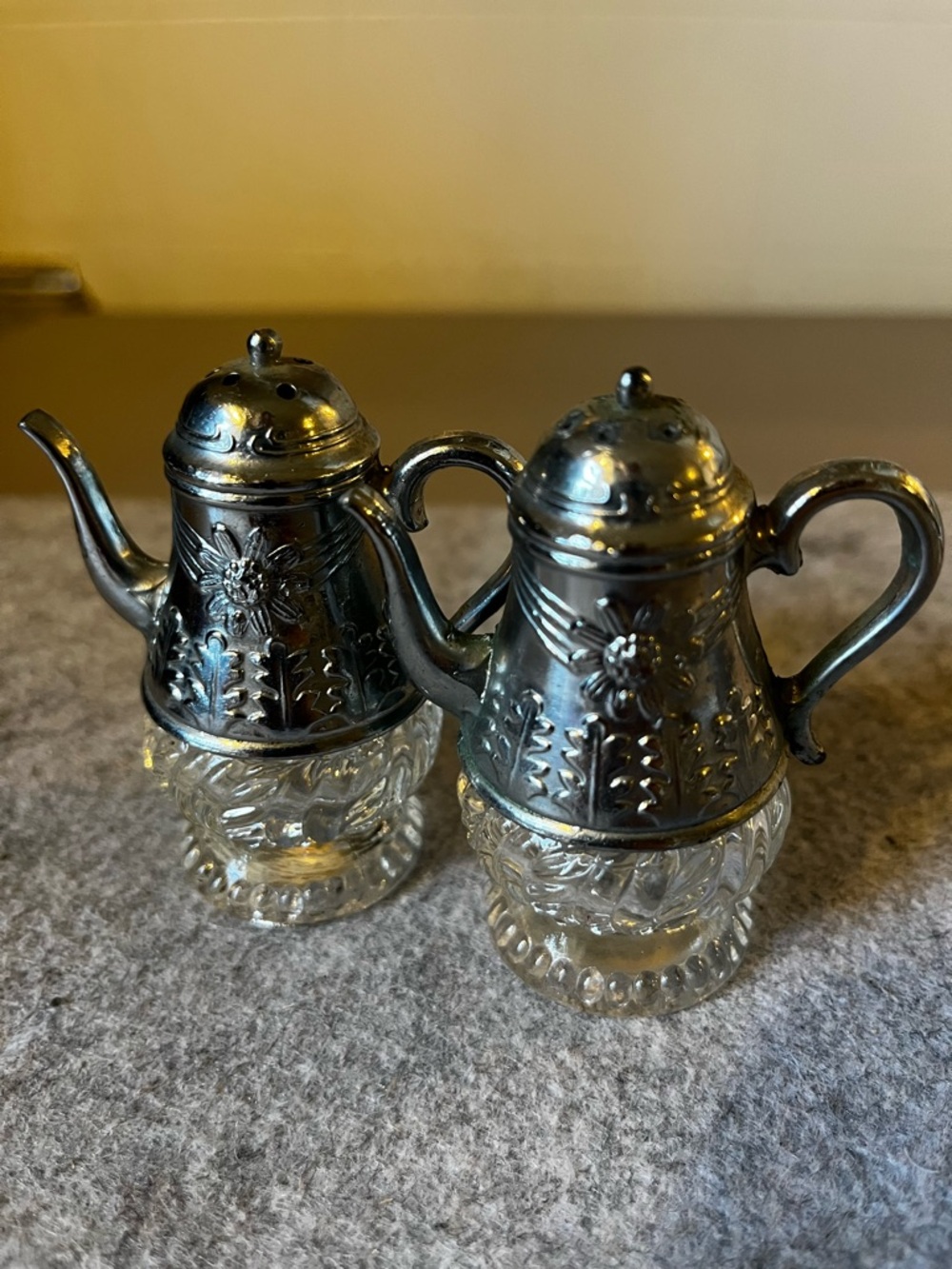 Vintage Glass & Silver Plated Teapot Salt And Pepper Shakers